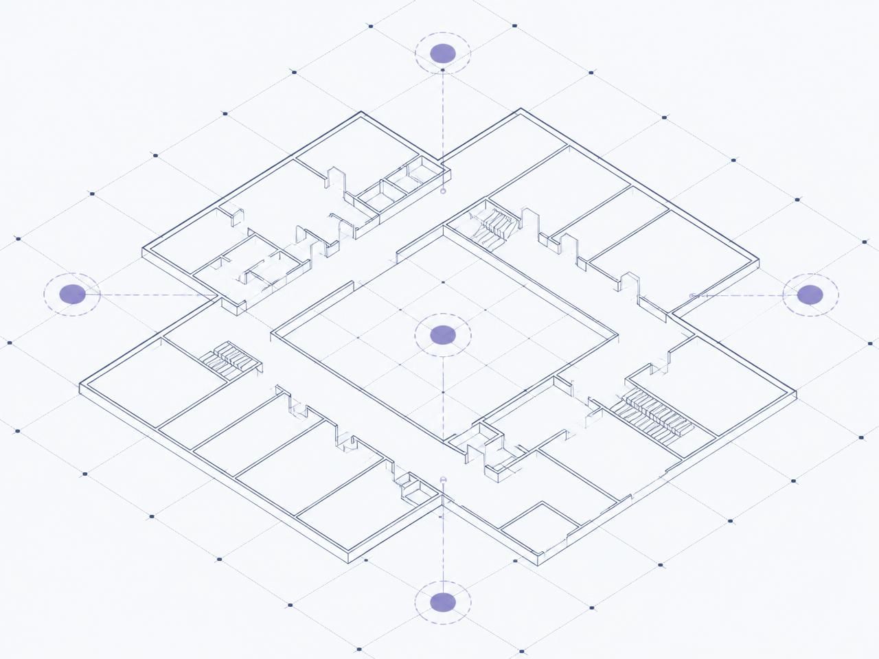 Abstract isometric floorplan diagram with marked muster points